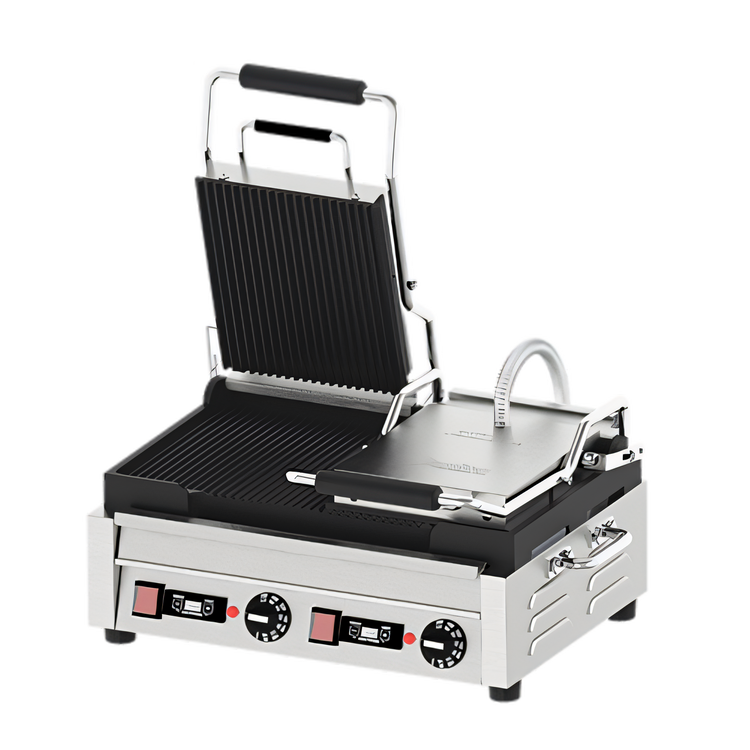 Product image #1 for Double Electric Countertop Panini Grill with Timer, Grooved Cast Iron Plates, 18 x 10 Inch Cooking Surface