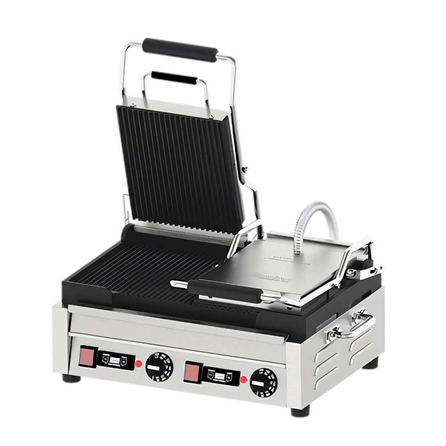 Product image #1 for Double Electric Countertop Panini Grill with Timer, Grooved Cast Iron Plates, 18 x 10 Inch Cooking Surface