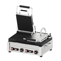 Double Electric Countertop Panini Grill with Timer, Grooved Cast Iron Plates, 18 x 10 Inch Cooking Surface
