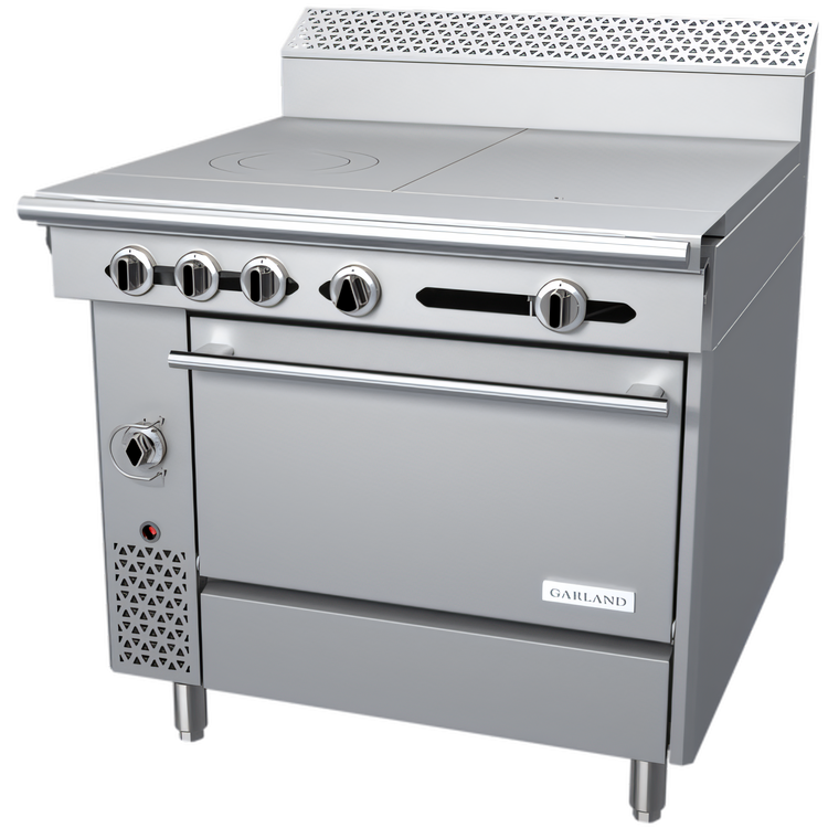 Product image #1 for Garland Cuisine Series 36-Inch Heavy-Duty Gas Combination Top Range with 18-Inch Even-Heat and Front-Fired Hot Tops, Standard Oven