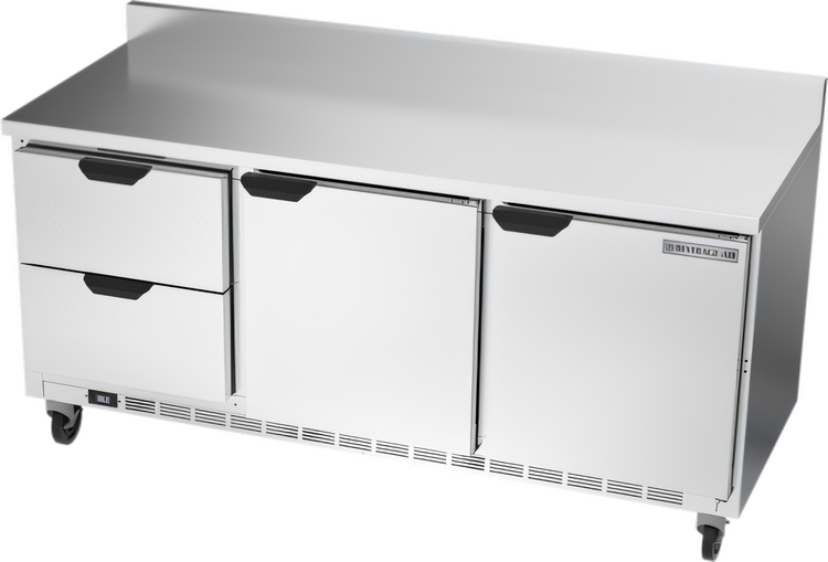 Product image #1 for Beverage-Air Three-Section Worktop Refrigerator with 2 Drawers and 2 Doors, 72 Inch, Stainless Steel, Rear-Mounted Self-Contained R290