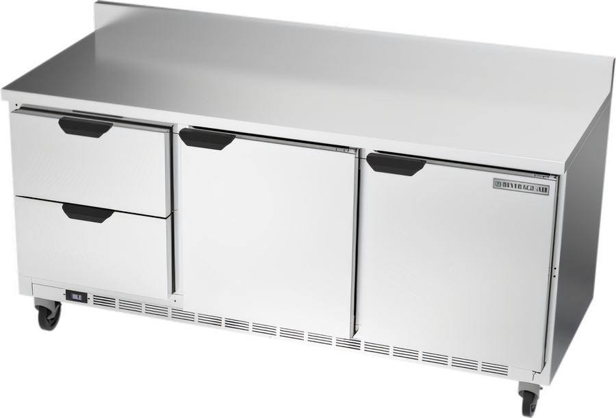 Product image #1 for Beverage-Air Three-Section Worktop Refrigerator with 2 Drawers and 2 Doors, 72 Inch, Stainless Steel, Rear-Mounted Self-Contained R290
