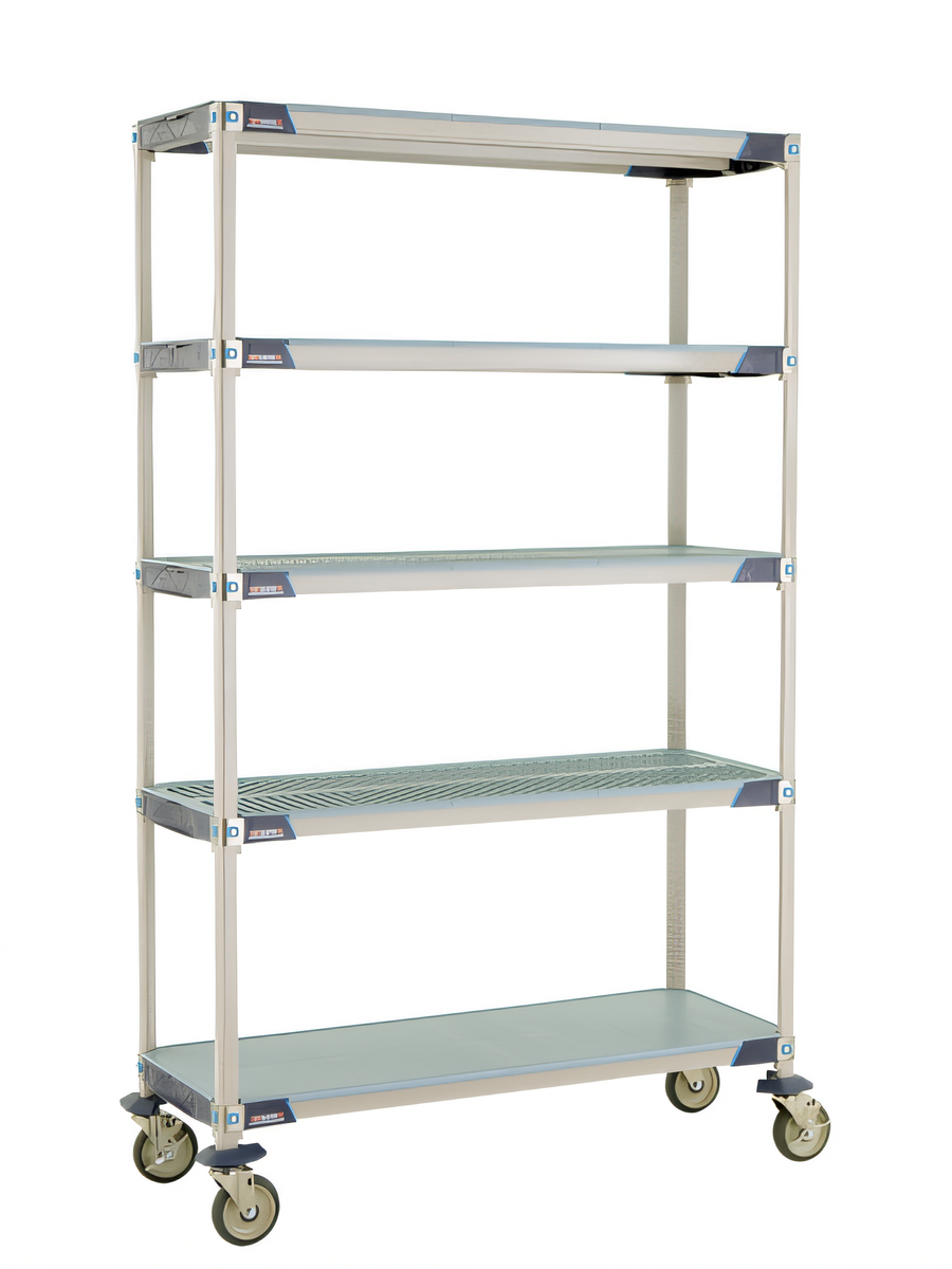 Product image #1 for MetroMax i Blue Mobile Polymer Shelving Starter Unit, 48W x 18D x 80H, 5-Tier with 4 Open Grid Shelves and 1 Solid Bottom Shelf