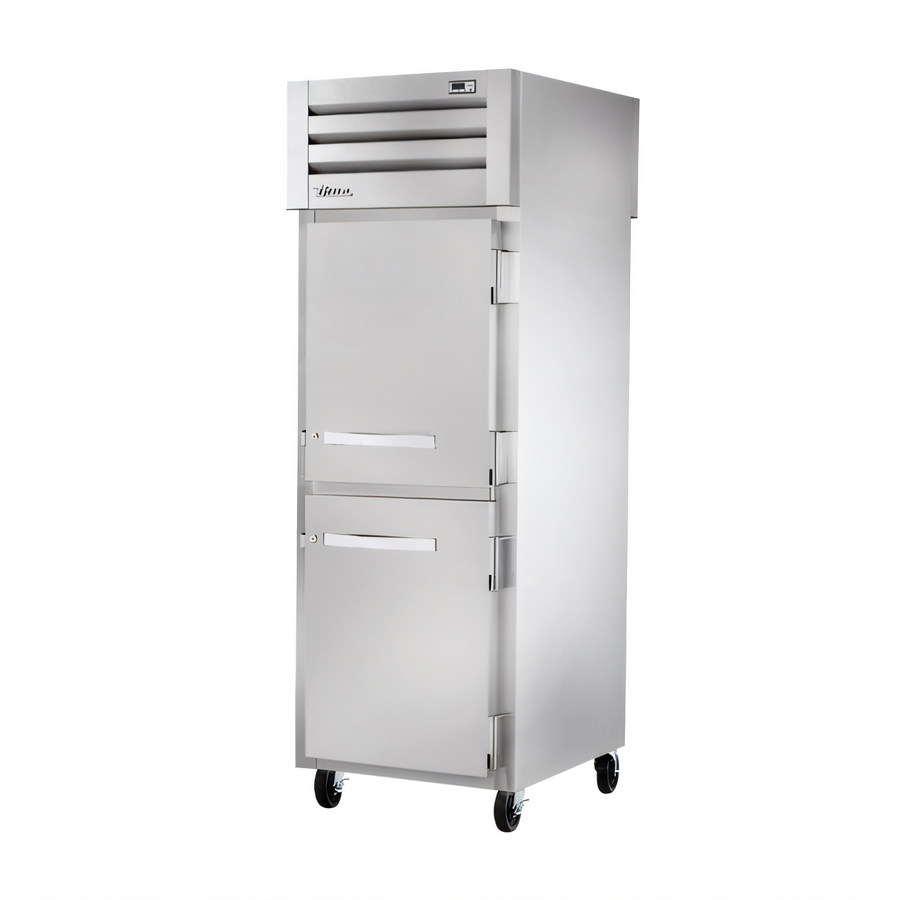 Product image #1 for True SPEC SERIES Pass-Thru One-Section Reach-In Refrigerator with 2 Solid Stainless Steel Front Half Doors and 2 Glass Rear Half Doors
