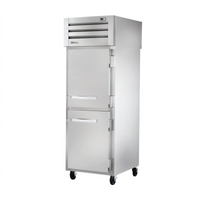 True SPEC SERIES Pass-Thru One-Section Reach-In Refrigerator with 2 Solid Stainless Steel Front Half Doors and 2 Glass Rear Half Doors