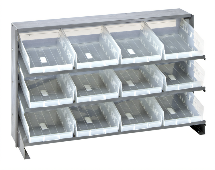 Product image #1 for Quantum Sloped Bench-Style Pick Rack with 3 Shelves and 12 Clear Bins