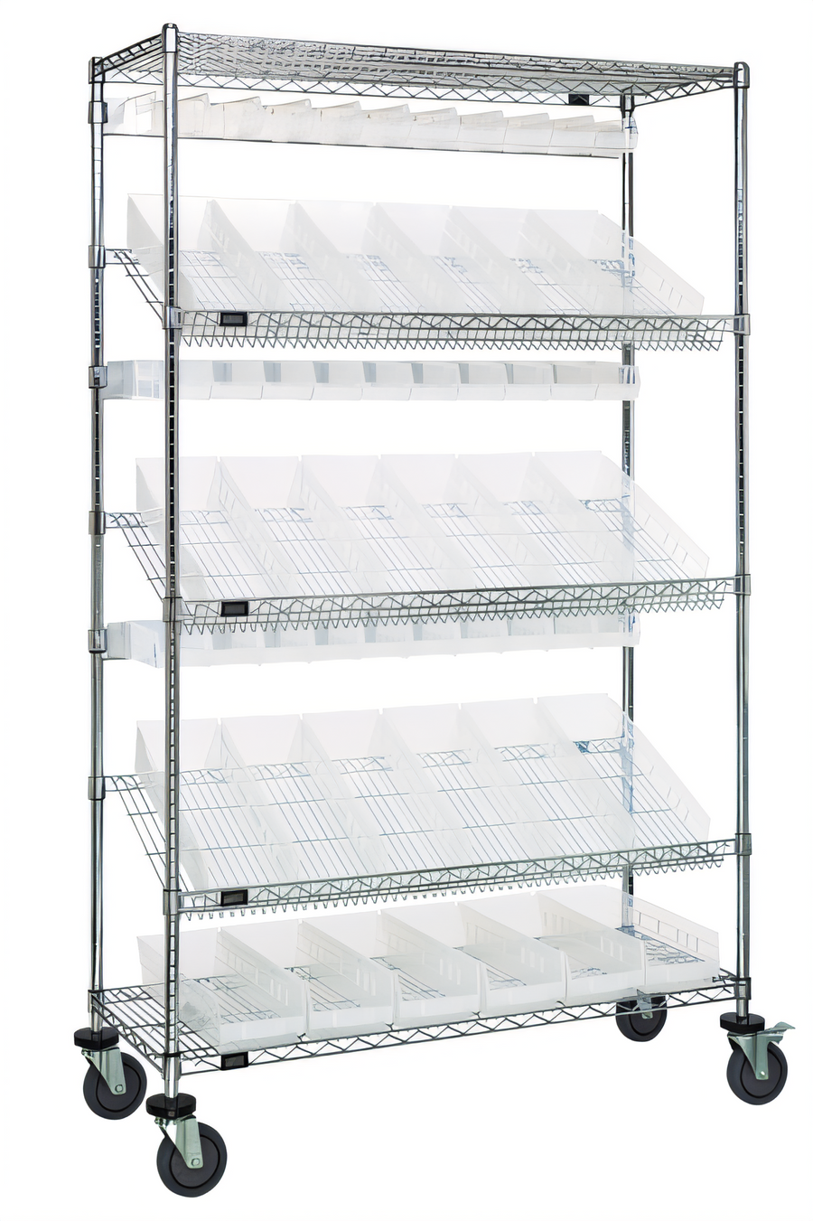 Product image #1 for Quantum Mobile Slanted Shelf Storage Cart with Clear Bins and Casters, 48 x 18 x 80 Inch, Chrome Plated