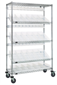 Quantum Mobile Slanted Shelf Storage Cart with Clear Bins and Casters, 48 x 18 x 80 Inch, Chrome Plated