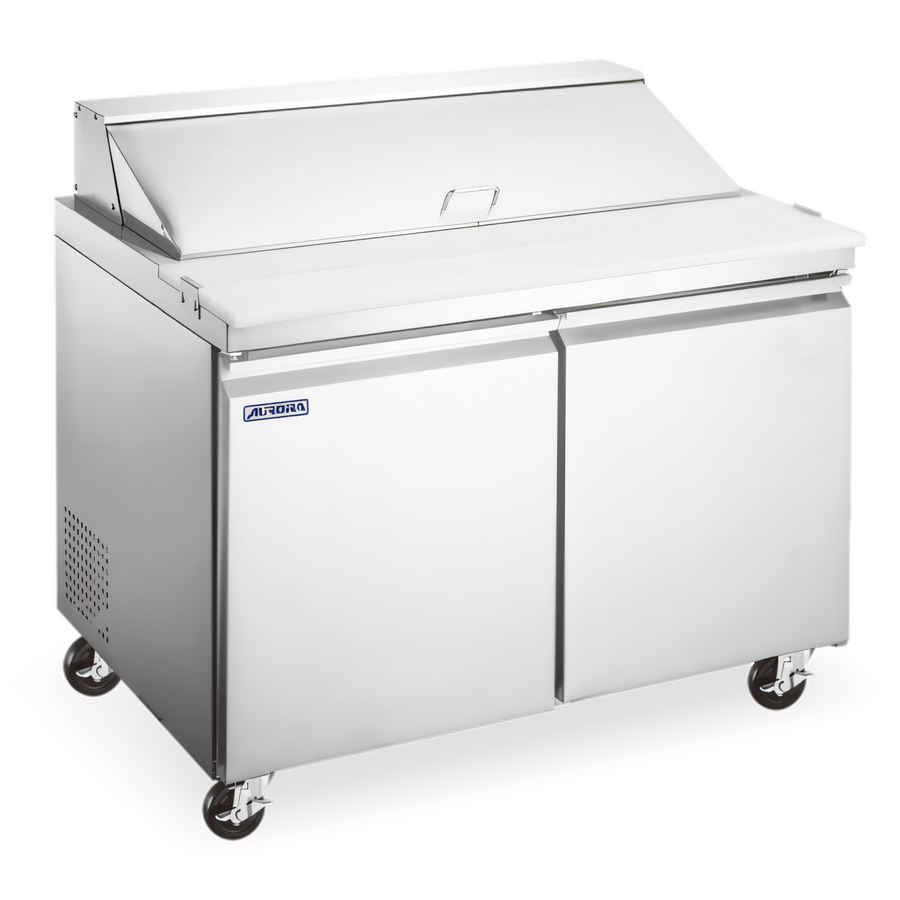 Product image #1 for Aurora 47-Inch Two-Section Refrigerated Prep Table with Rear-Mount Self-Contained Refrigeration, 9.5 Cu. Ft., Stainless Steel