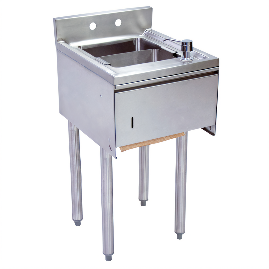 Product image #1 for BK Resources Slimline Underbar Dump Sink with Splash Mount Faucet, Soap Dispenser, Towel Dispenser and Basket Drain, 15-1/2 Inch Wide, 1 Compartment