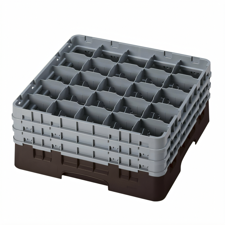 Product image #2 for Cambro Camrack Full Size Low-Profile 25-Compartment Glass Rack with 3 Soft Gray Extenders, Brown