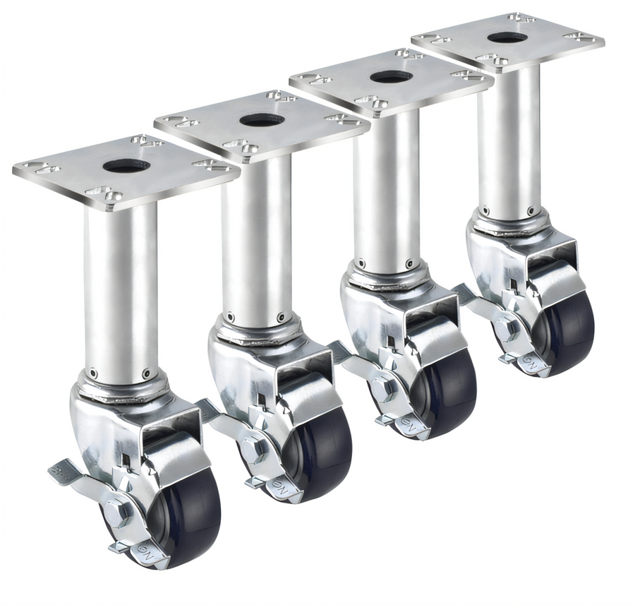 Product image #1 for Krowne Royal Series Adjustable Height Plate Caster Set of 4, Swivel with Brake, 3-Inch Grease-Resistant Wheels