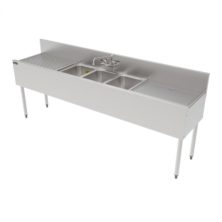 Product image #1 for Top Shelf TS Series 84-Inch Three-Compartment Stainless Steel Underbar Sink with Dual Drainboards