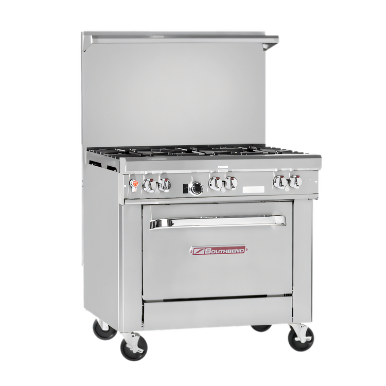 Product image #1 for Southbend Ultimate 36-Inch Gas Restaurant Range with Charbroiler Top, Cabinet Base, and Hi-Shelf