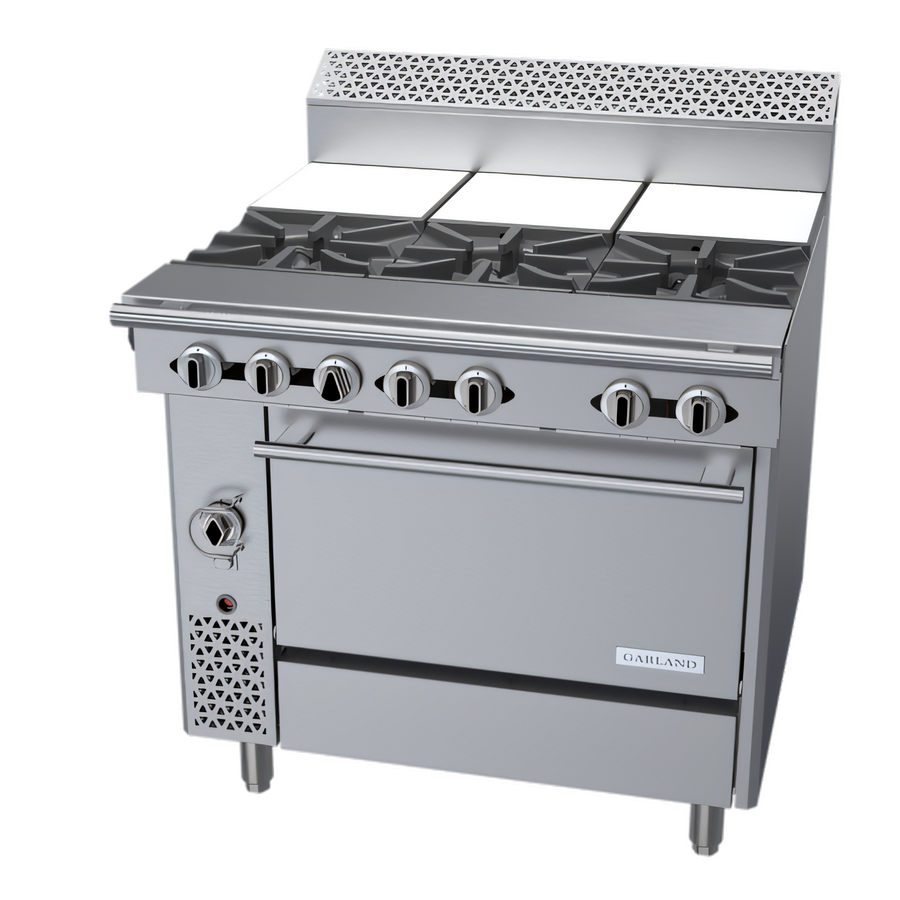 Product image #1 for Garland Cuisine Series 36-Inch Heavy Duty Gas French Top Range with Convection Oven, 3 Open Burners and 3 Hot Tops
