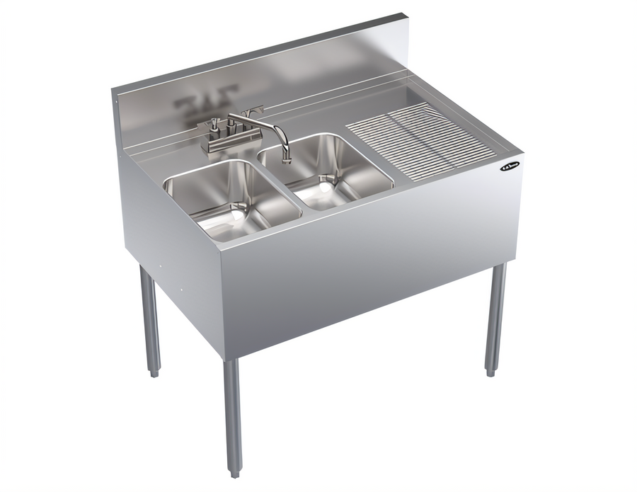 Product image #1 for Krowne Royal Series Stainless Steel Two-Compartment Underbar Sink Unit with Right Drainboard and Faucet, 36 x 24 Inches