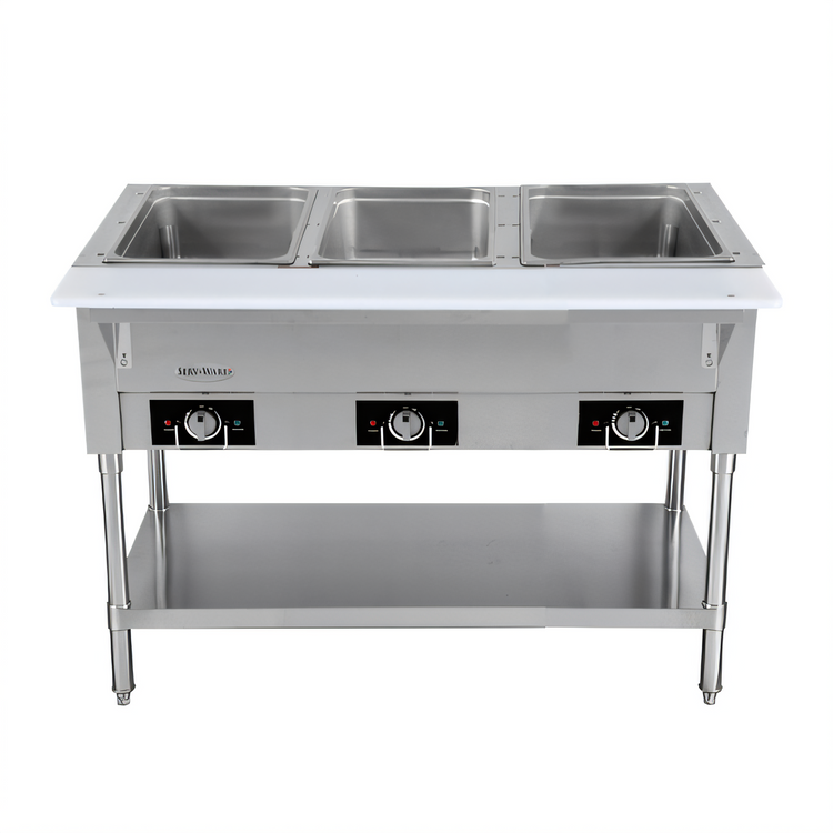 Product image #1 for Serv-Ware 44-Inch 3-Well Open Well Electric Steam Table with Open Shelf Base