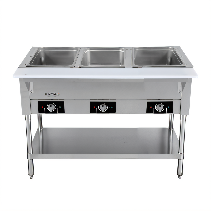 Product image #1 for Serv-Ware 44-Inch 3-Well Open Well Electric Steam Table with Open Shelf Base