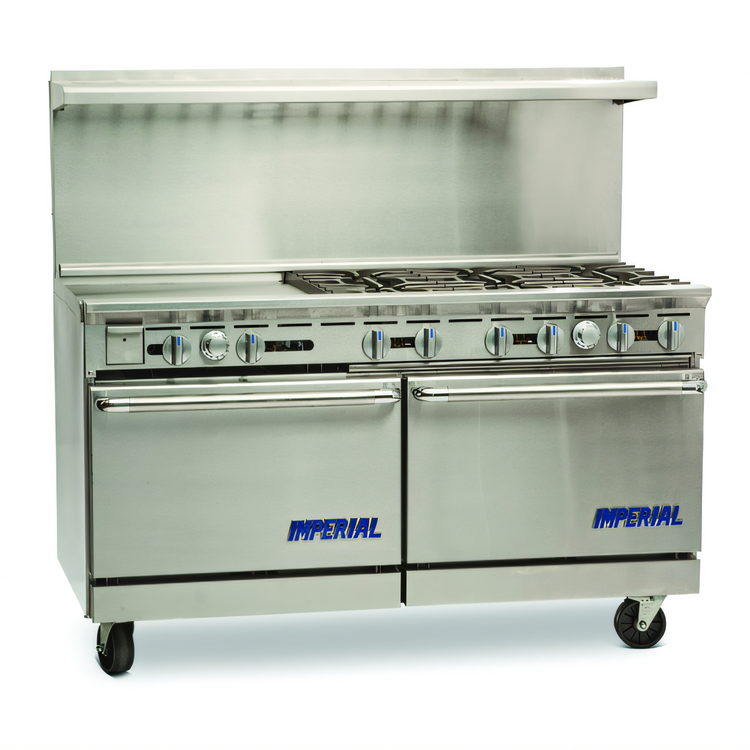 Product image #1 for Imperial Pro Series 60-Inch Gas Restaurant Range with 6 Open Burners, 24-Inch Griddle, Convection Oven, and Open Cabinet Base