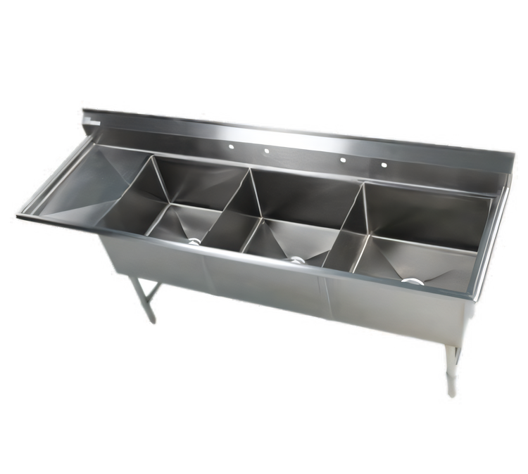 Product image #1 for Klinger's Trading Elite Three-Compartment Commercial Sink with Left Drainboard, 92-1/2 Inch Wide, 16/304 Stainless Steel