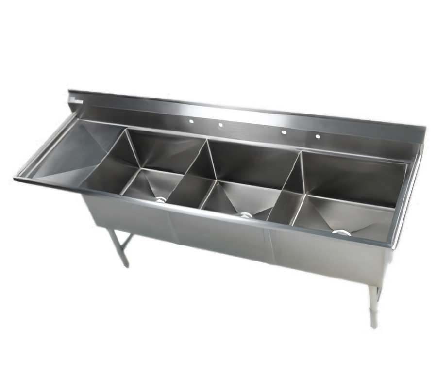 Product image #1 for Klinger's Trading Elite Three-Compartment Commercial Sink with Left Drainboard, 92-1/2 Inch Wide, 16/304 Stainless Steel