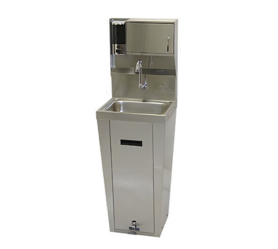 Product image #1 for Advance Tabco Pedestal Mounted Hand Sink with 14 x 10 x 5-Inch Bowl, 304 Stainless Steel, Splash-Mounted Faucet, Soap & Paper Towel Dispenser, and Pedal Valves