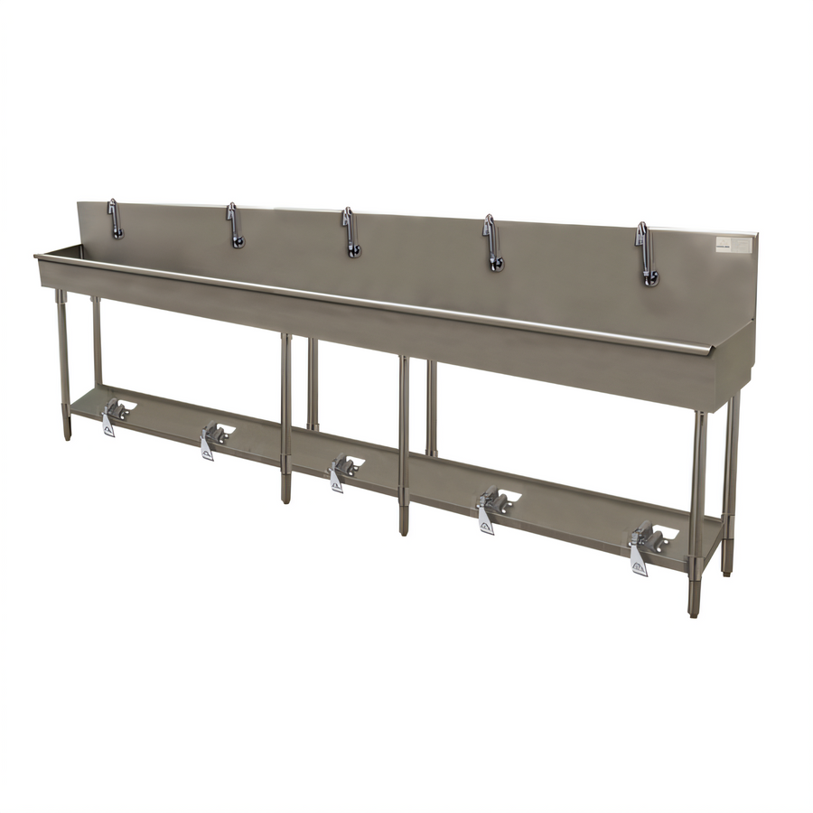 Product image #1 for Advance Tabco 5-Station Toe-Push Floor-Mounted Hand Wash Sink with Gooseneck Spouts, 100-Inch Stainless Steel