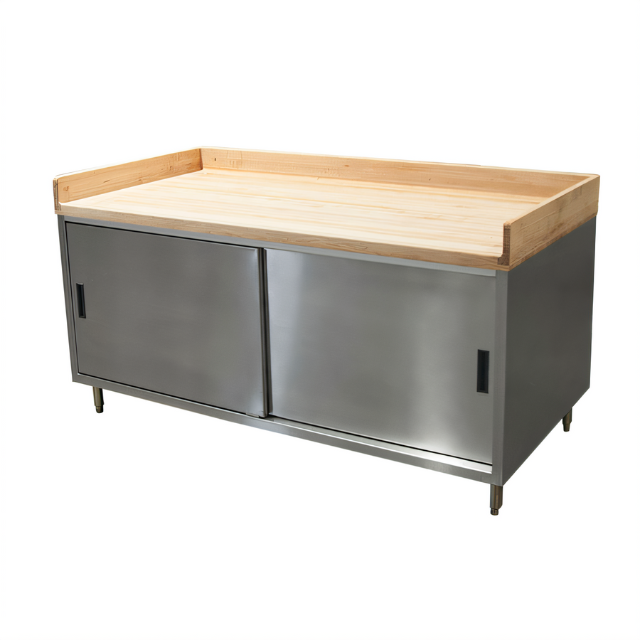 Product image #1 for 72" x 36" Maple Bakers Top Chef Table with Stainless Steel Cabinet Base, Sliding Doors, and 4" Coved Riser