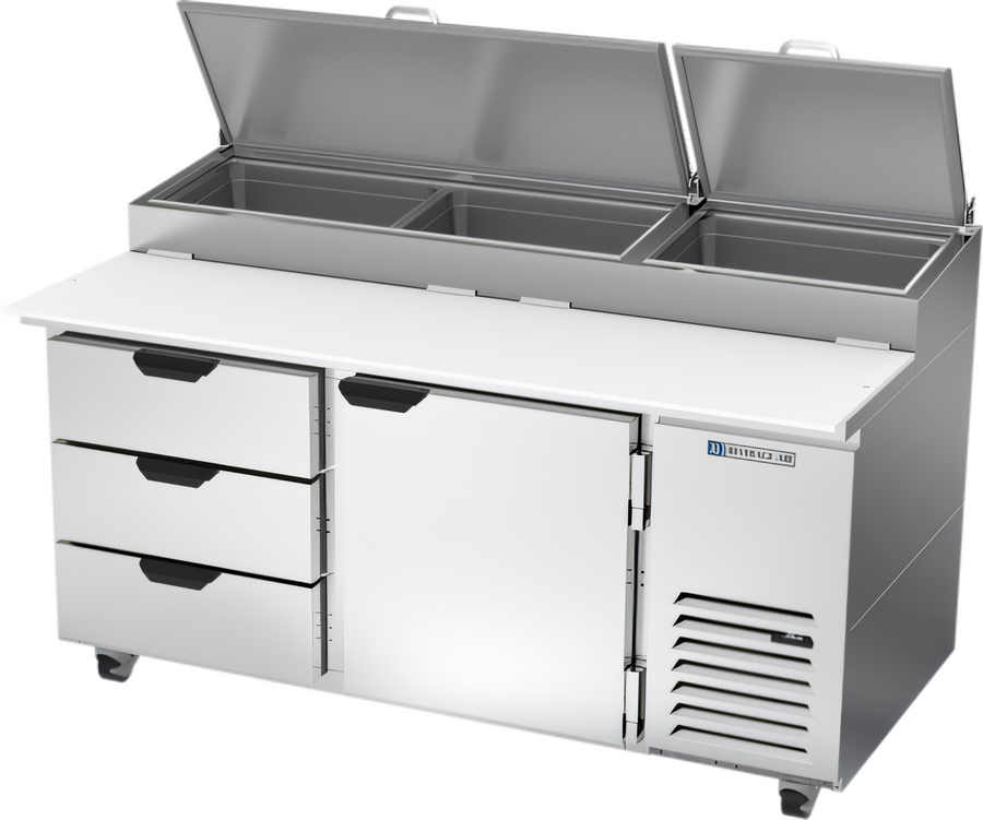 Product image #1 for Beverage-Air DPD67HC-3 67-Inch Two-Section Pizza Top Refrigerated Prep Table with 3 Drawers and 1 Door