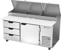 Beverage-Air DPD67HC-3 67-Inch Two-Section Pizza Top Refrigerated Prep Table with 3 Drawers and 1 Door