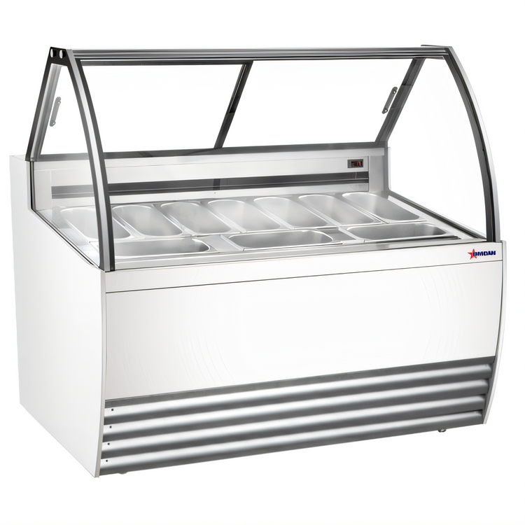 Product image #1 for Omcan White 10-Pan Gelato Display Showcase, 55.4-Inch Wide, Curved Glass, LED Lighting and Sliding Rear Doors