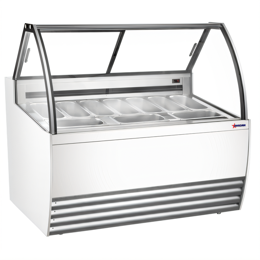 Product image #1 for Omcan White 10-Pan Gelato Display Showcase, 55.4-Inch Wide, Curved Glass, LED Lighting and Sliding Rear Doors