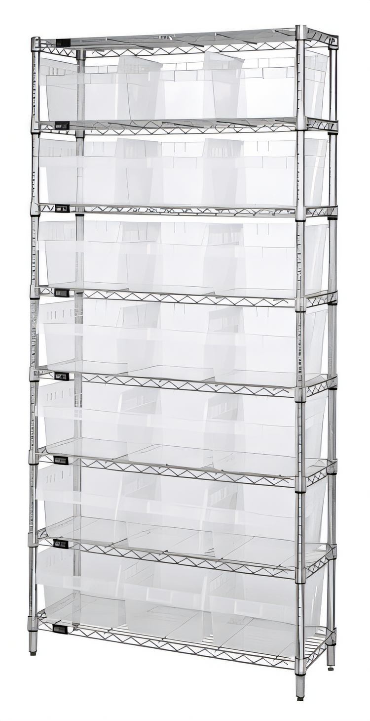 Product image #1 for Quantum WR8-809CL Chrome-Plated Bin Wire Shelving System with 8 Shelves and 21 Clear Bins