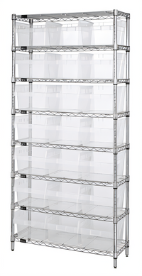 Quantum WR8-809CL Chrome-Plated Bin Wire Shelving System with 8 Shelves and 21 Clear Bins