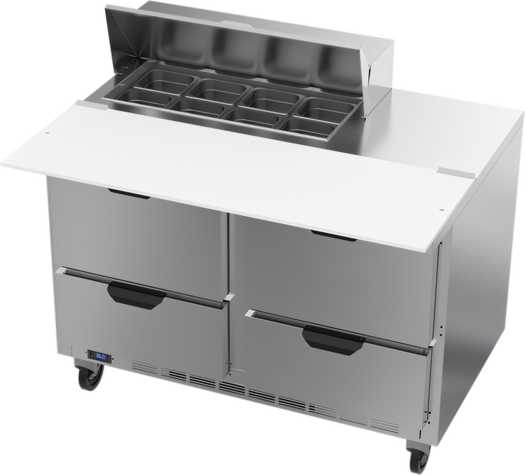 Product image #1 for Beverage Air 48-Inch Two-Section Refrigerated Sandwich Prep Table with 4 Drawers, 8 1/6-Size Pan Top, and 17-Inch Cutting Board