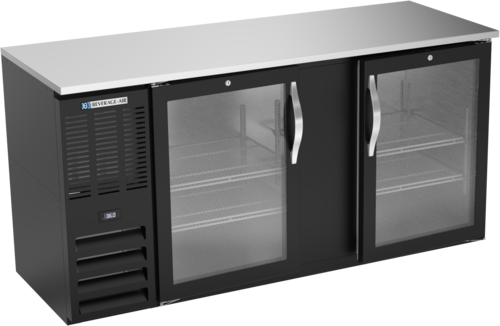 Product image #1 for Beverage-Air 68 Inch Two-Section Shallow Depth Food-Rated Back Bar Refrigerator with 2 Glass Doors and Stainless Steel Top