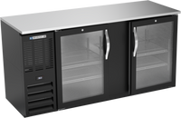 Beverage-Air 68 Inch Two-Section Shallow Depth Food-Rated Back Bar Refrigerator with 2 Glass Doors and Stainless Steel Top
