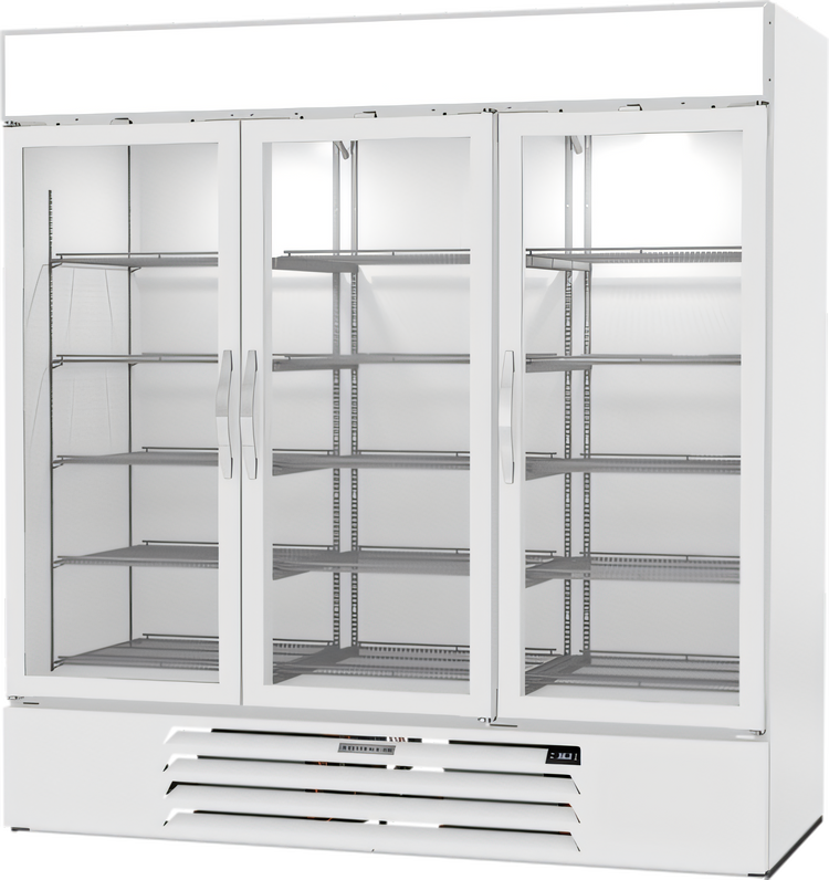 Product image #1 for Beverage Air MarketMax Three-Section Reach-In Glass Door Merchandiser Refrigerator, 70.19 Cu. Ft., White, Bottom Mount
