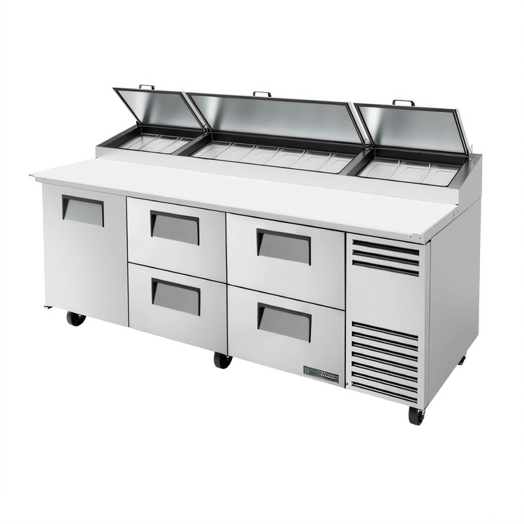 Product image #1 for True 93.5-Inch Self-Contained Refrigerated Pizza Prep Table with 1 Door and 4 Drawers