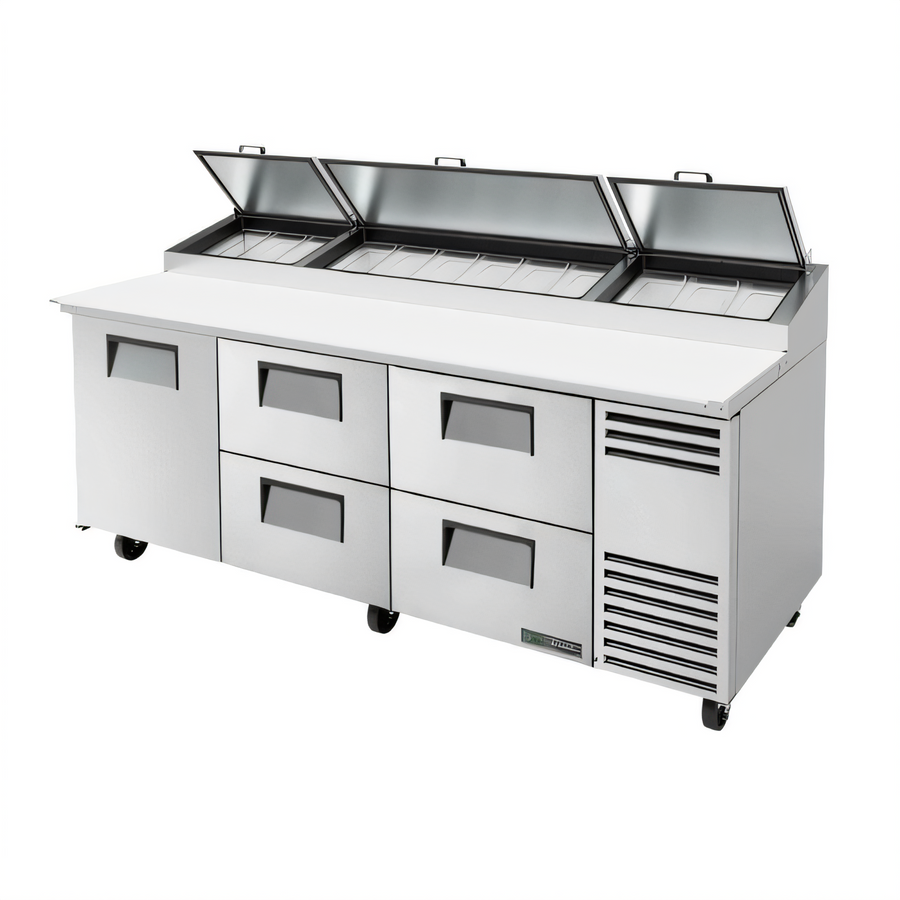 Product image #1 for True 93.5-Inch Self-Contained Refrigerated Pizza Prep Table with 1 Door and 4 Drawers