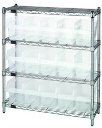 Quantum Chrome Plated Wire Shelving Bin Center with 4 Shelves and 15 Clear Bins, 36W x 12D x 39H