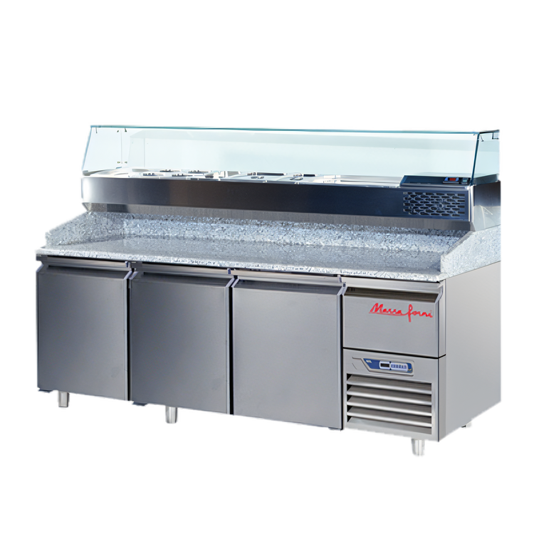 Product image #1 for Marra Forni Three-Section Refrigerated Pizza Prep Table with Granite Work Surface, Side-Mounted Self-Contained Refrigeration, 20 Cu. Ft.