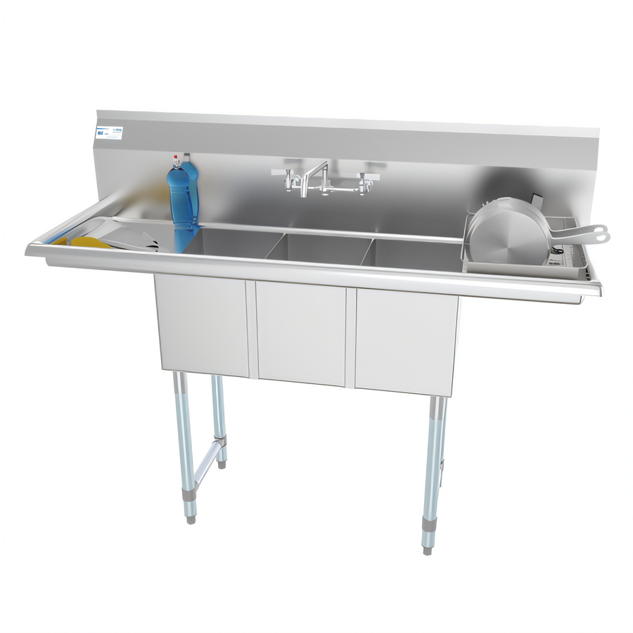 Product image #1 for KoolMore 54-Inch Three-Compartment Stainless Steel Commercial Sink with Dual Drainboards and Faucet
