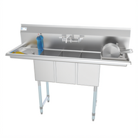 KoolMore 54-Inch Three-Compartment Stainless Steel Commercial Sink with Dual Drainboards and Faucet