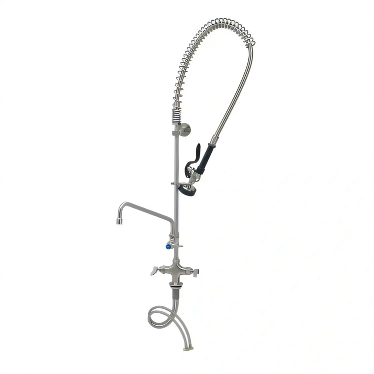 Product image #2 for T&S Brass Wall-Mount Pre-Rinse Mixing Faucet with Add-On Faucet, 14-Inch Swing Nozzle, 44-Inch Hose and Blue Spray Valve