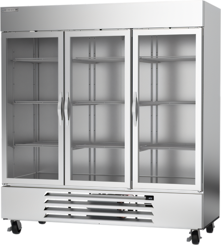 Product image #1 for Beverage-Air Horizon Series 75-Inch Three-Section Glass Door Reach-In Freezer, Bottom-Mount Self-Contained