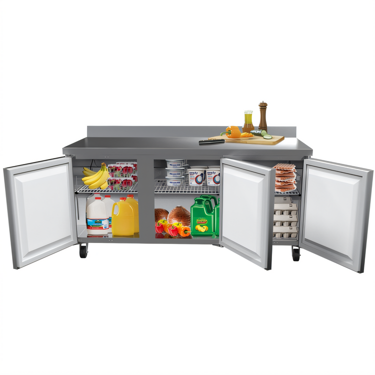 Product image #1 for KoolMore 71-1/2 Inch 3-Door Worktop Refrigerator with 3-1/2 Inch Backsplash, 16.9 Cu. Ft., Stainless Steel
