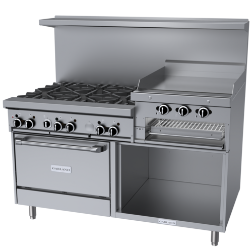 Product image #1 for Garland GFE Starfire Pro 60-Inch Gas Restaurant Range with 6 Open Burners, 24-Inch Raised Griddle/Broiler, Convection Oven, and Storage Base