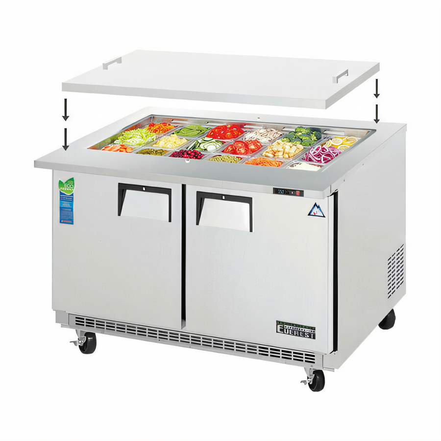 Product image #1 for Everest Refrigeration EOTP2 Open Top Mega-Top Prep Table Refrigerator, Two-Section, 47-1/2 Inches Wide, 13 Cu. Ft., Stainless Steel