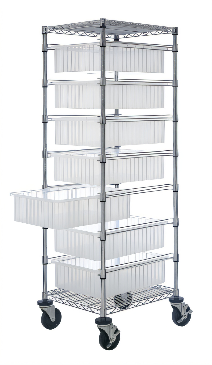 Product image #1 for Quantum Mobile Bin Cart with 7 Clear Bins, Casters, and 2 Wire Shelves